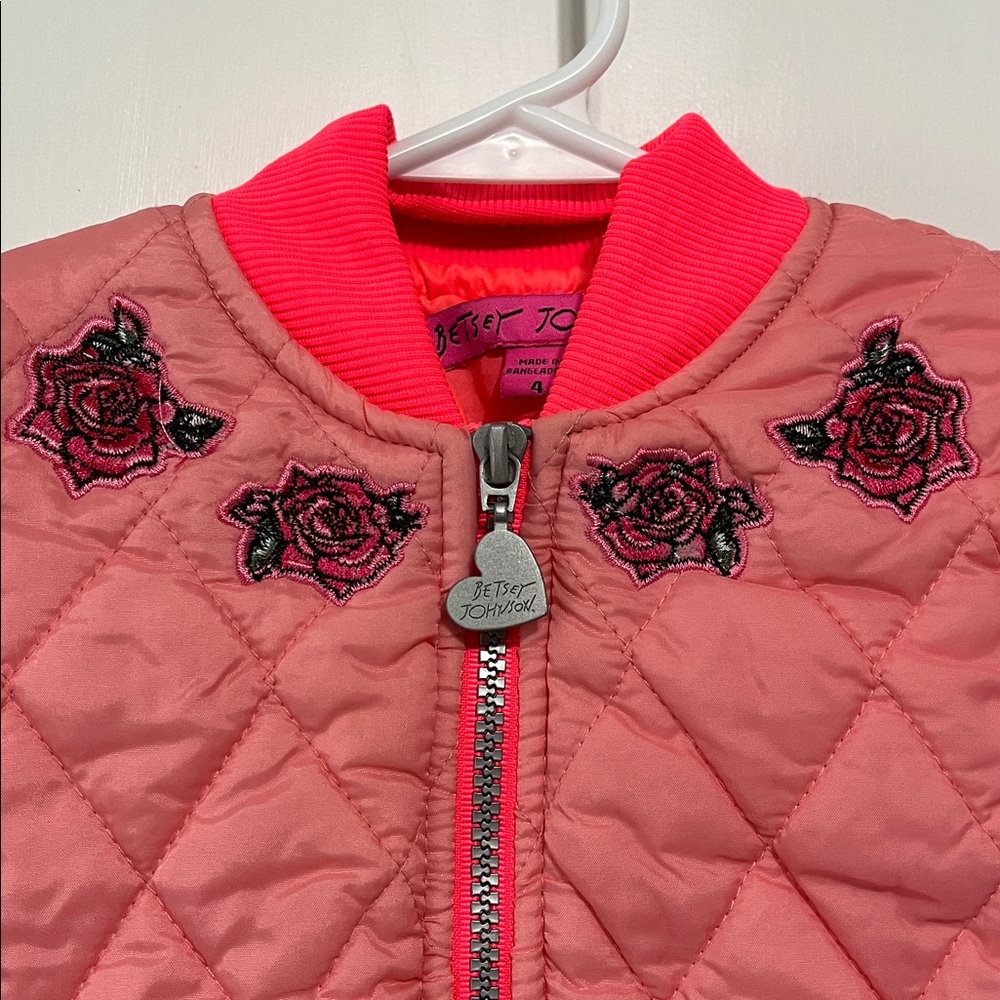 Betsey Johnson Girls Coral Pink Floral Quilted Puffer Jacket Sz 4 - Picture 3 of 6
